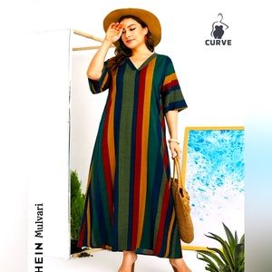 SHEIN Mulvari Plus Colorblock Striped Print V Neck Maxi Tunic Dress